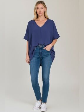 Zenana V-Neck Woven Dolman Sleeve Top in Light Navy